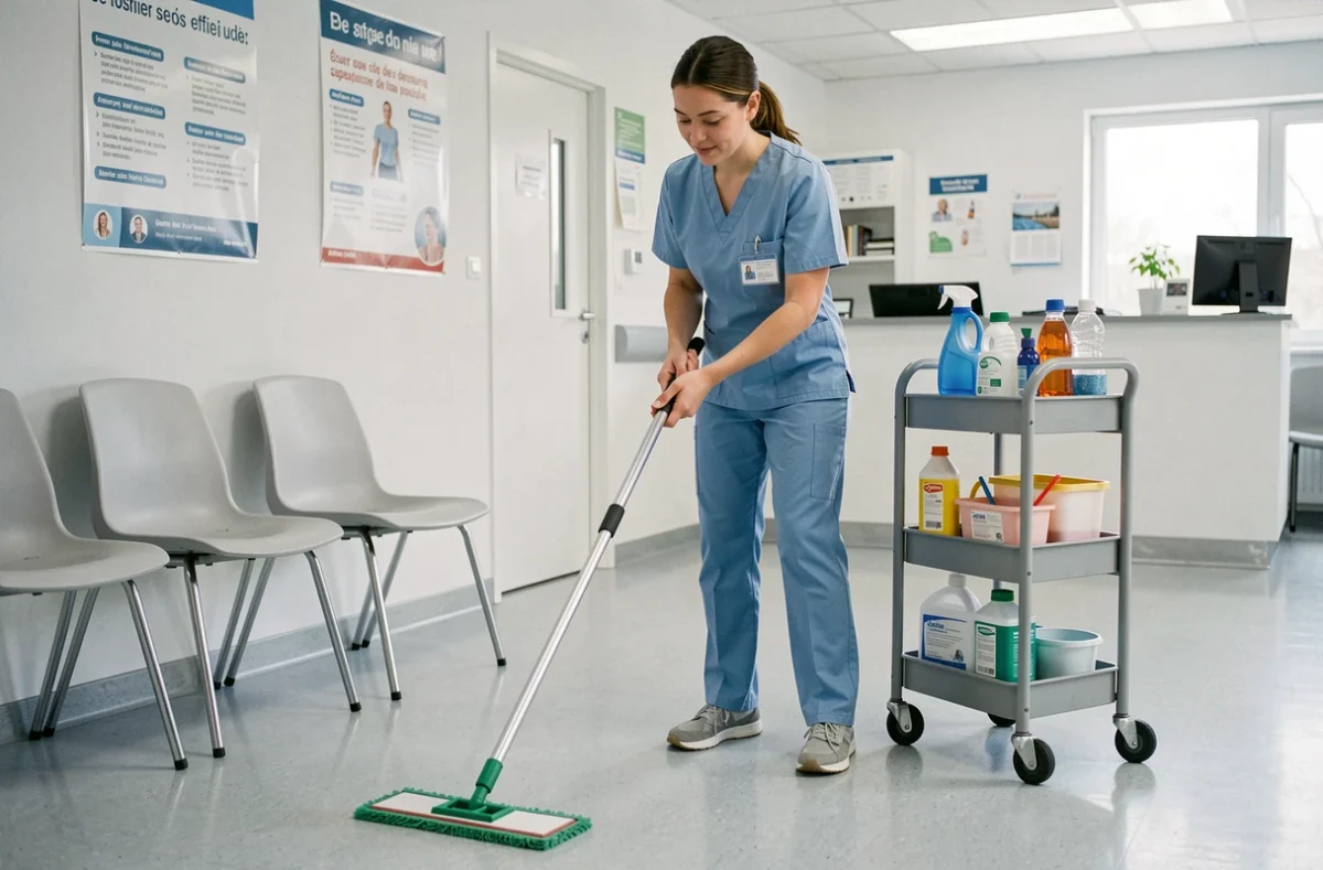 Agente d'Aber Propre effectuant le nettoyage d'une salle d'attente médicale en Bretagne