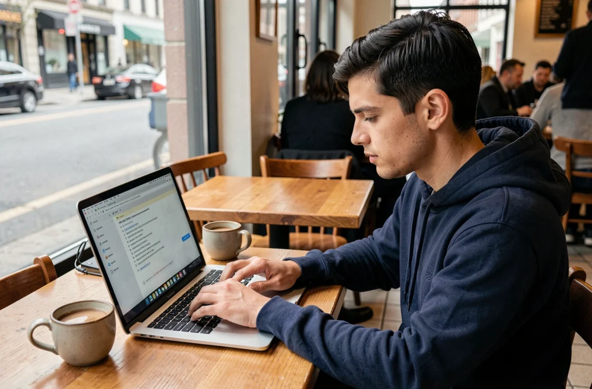 Personne configurant un accès nomade Intraparis depuis un café avec un ordinateur portable