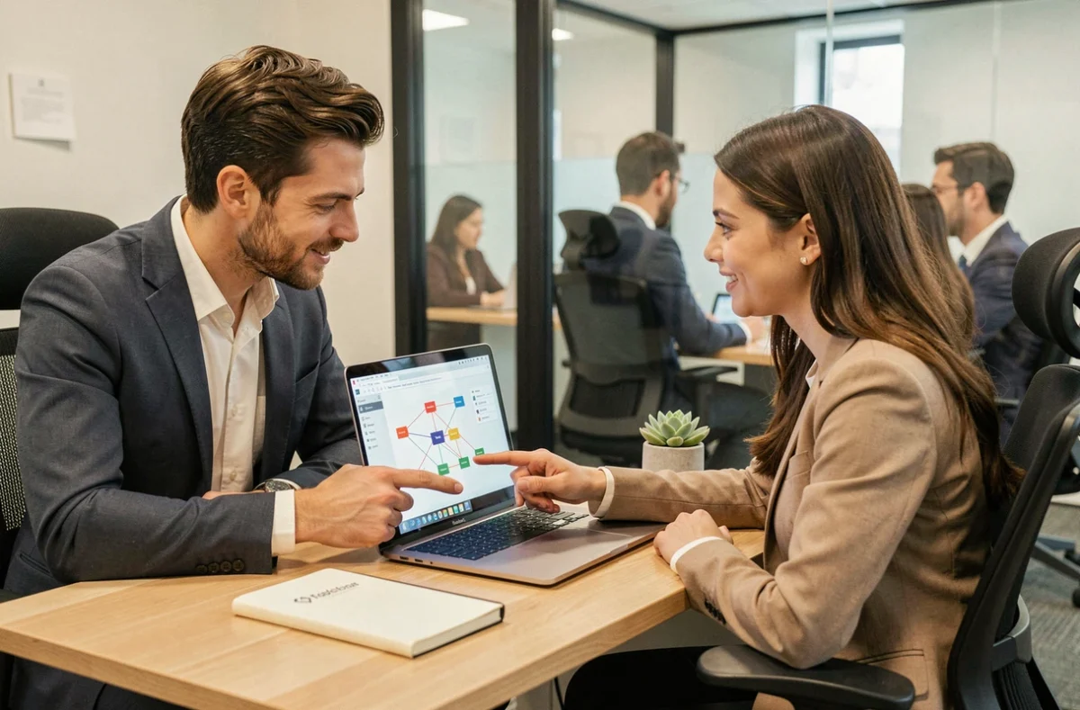 Analyste métier accompagnant une collègue dans la compréhension du plan de connexion BI en session individuelle