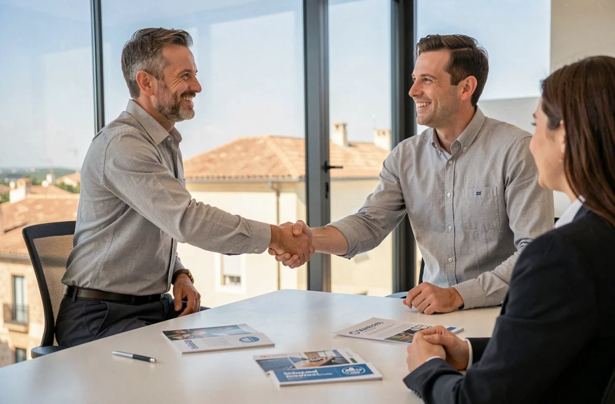 Consultant en portage salarial et freelance signant un accord dans un bureau moderne à Narbonne