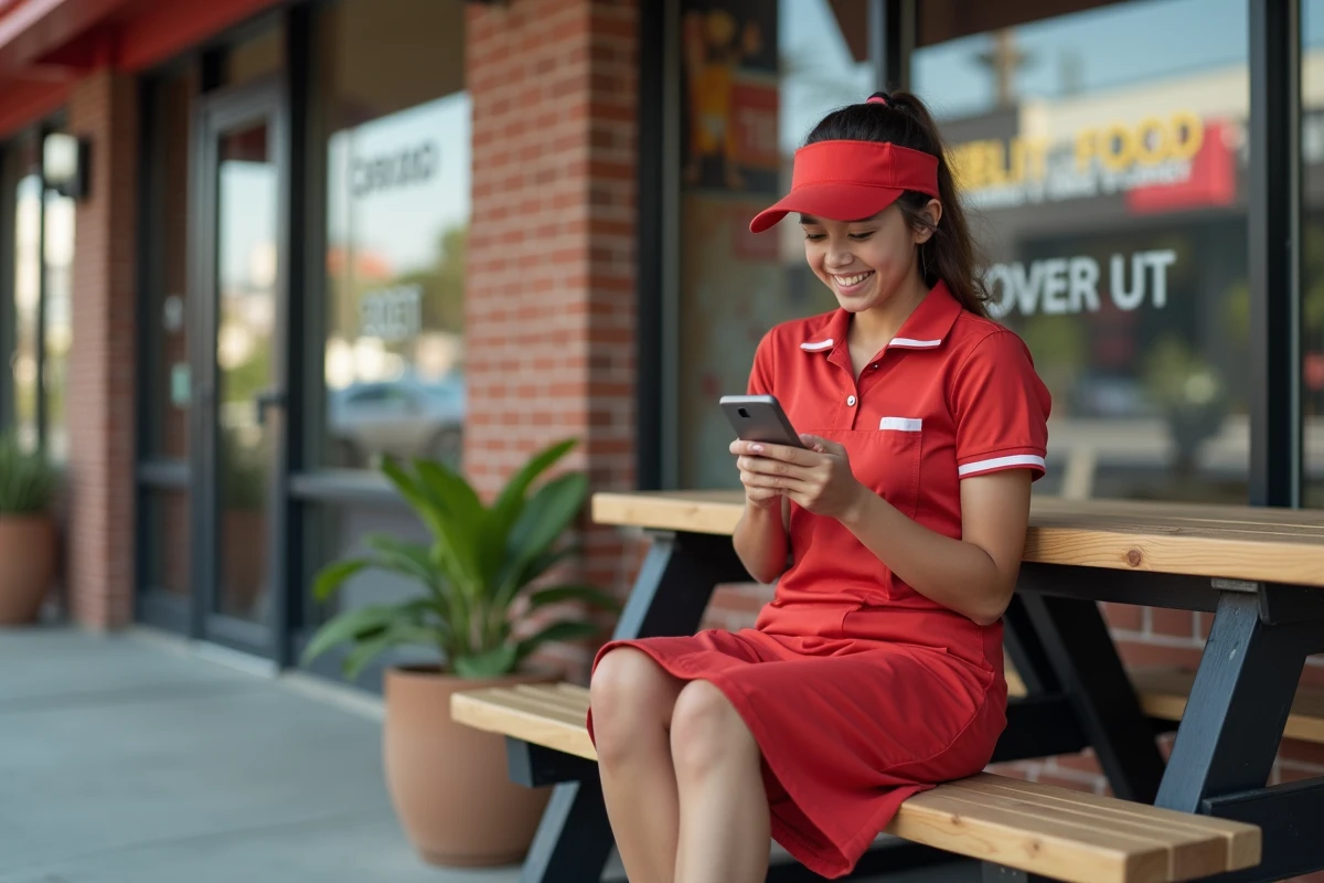 Adolescente de 16 ans en uniforme de restauration rapide vérifiant son premier virement salarial sur son téléphone lors d'une pause extérieure