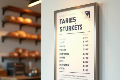 Affiche tarif professionnelle encadrée dans une boulangerie française moderne avec texte lisible et design réglementaire