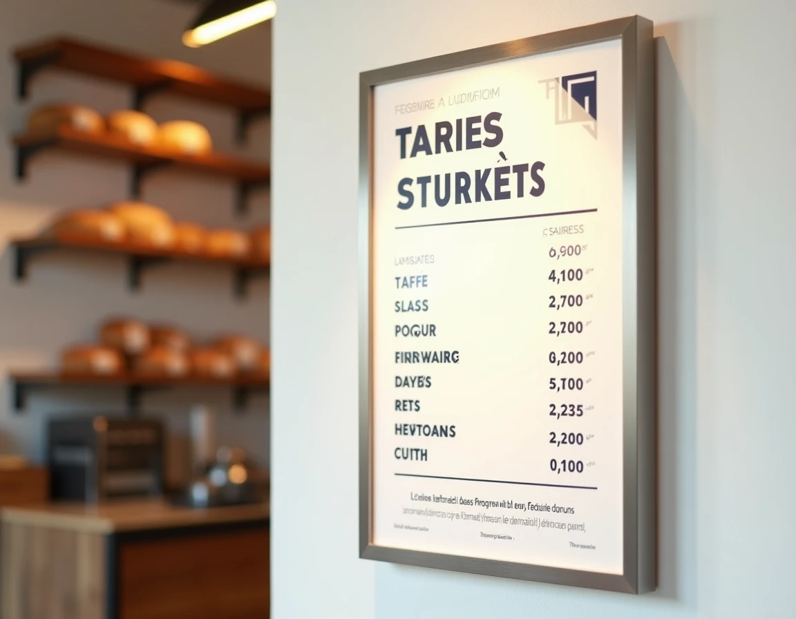 Affiche tarif professionnelle encadrée dans une boulangerie française moderne avec texte lisible et design réglementaire