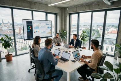 Équipe d'une agence de marketing digital en Auvergne-Rhône-Alpes réunie autour d'un écran affichant des tableaux de bord analytics dans un open-space moderne