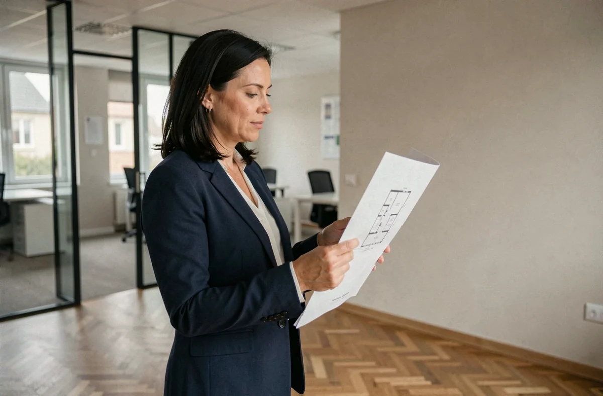 Agent immobilier présentant un plan de bureau à louer dans le secteur de Saint-Maur-des-Fossés