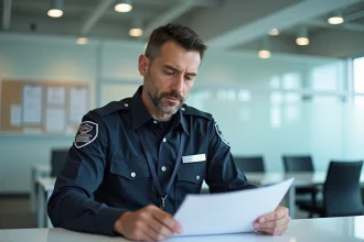 Agent de sécurité privée en uniforme consultant ses documents de formation CNPAS dans un centre professionnel