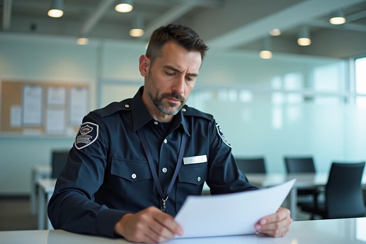 Agent de sécurité privée en uniforme consultant ses documents de formation CNPAS dans un centre professionnel