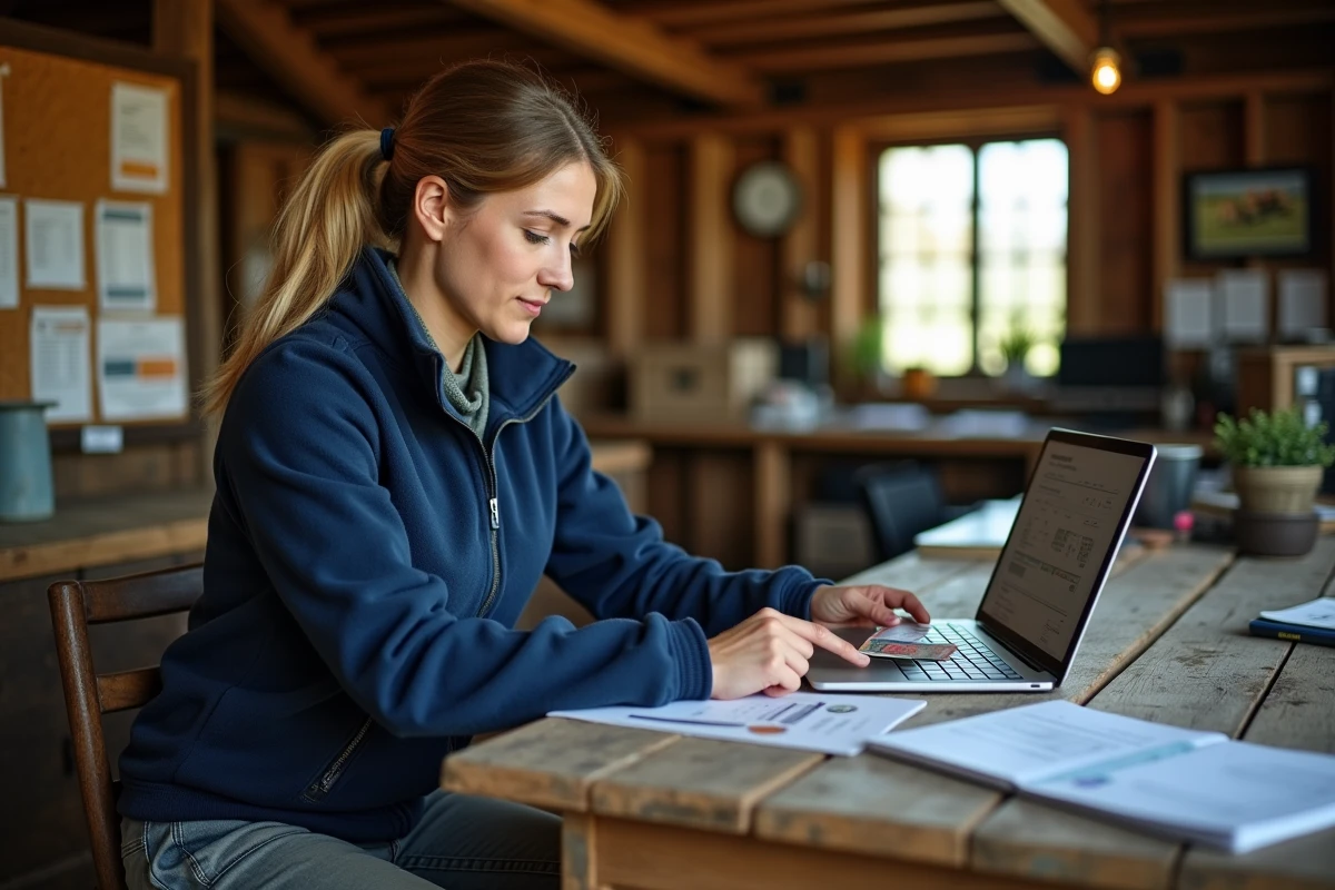 Agricultrice comparant la carte Loxam et la carte Moisson sur un bureau de bureau agricole
