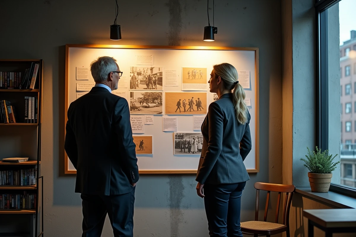Deux professionnels du cinéma analysant des planches de storyboard et des photogrammes dans un bureau de production, en lien avec la filmographie de Bruno Pesery