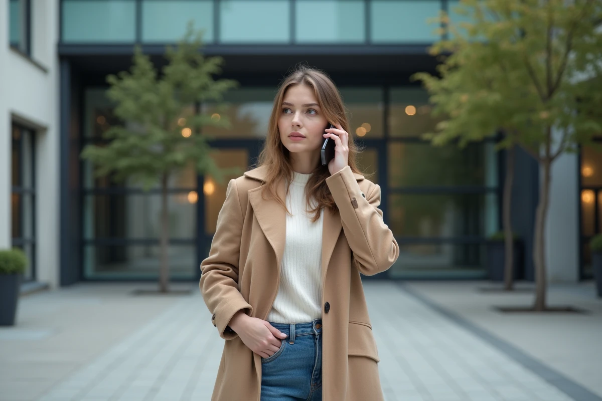 Femme appelant Easy Prospect sur son smartphone devant les bureaux de l'entreprise à Orvault