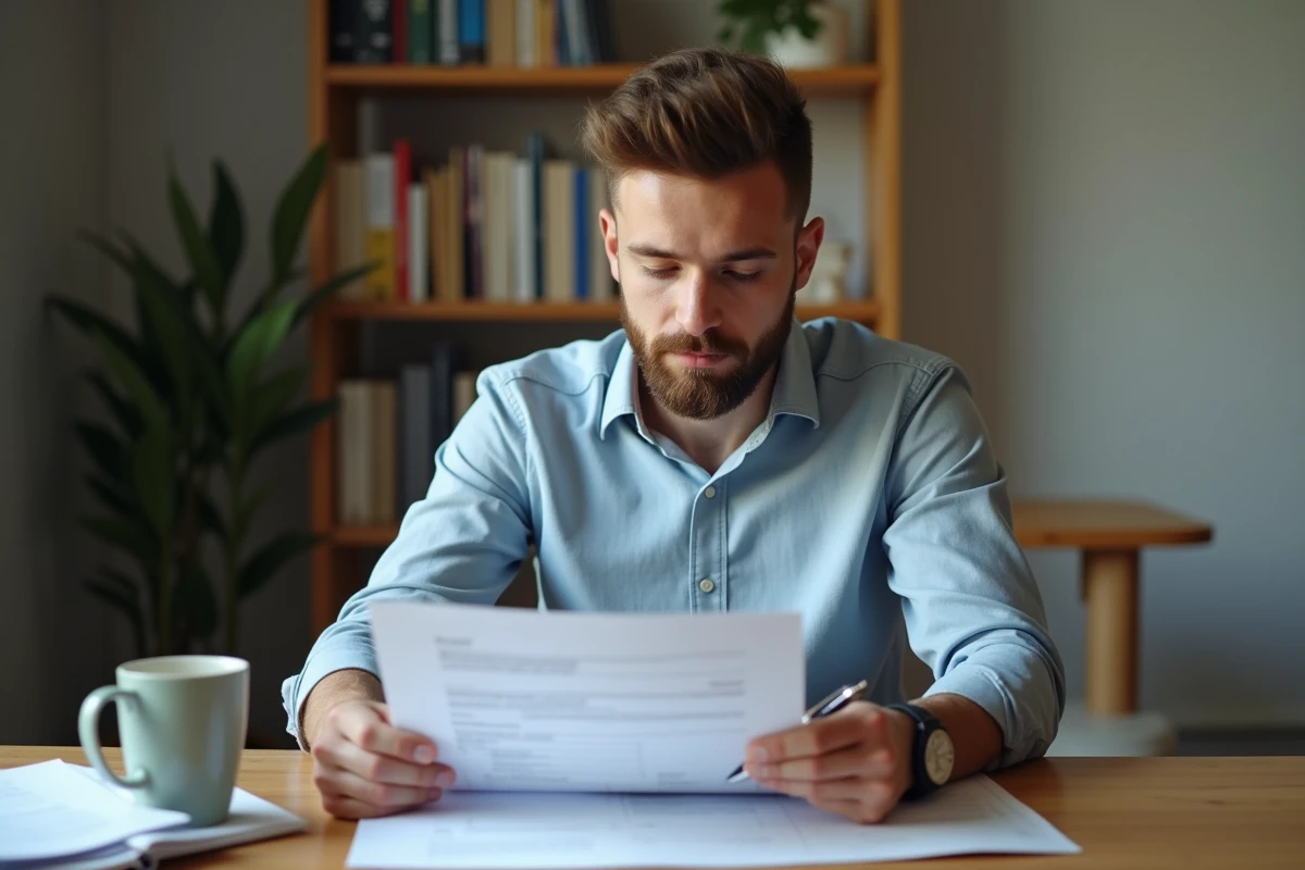Apprenti lisant attentivement un formulaire administratif de rupture de contrat avant de le signer à son bureau