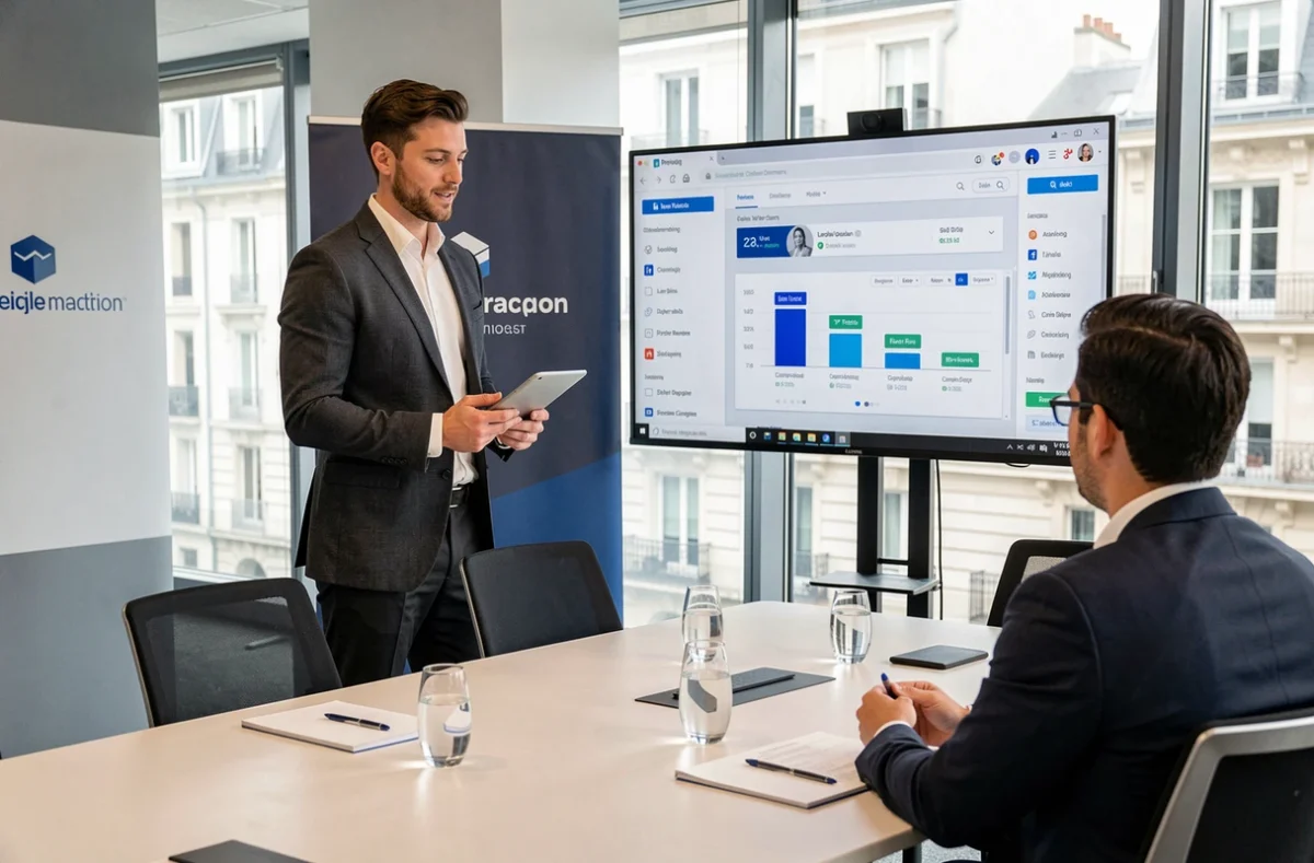 Consultant en acquisition digitale B2B de l'agence Armadiyo à Lyon présentant des métriques de campagne LinkedIn sur un grand écran à un client