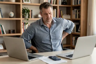 Salarié en portage salarial en arrêt maladie travaillant depuis son bureau à domicile avec une expression de malaise