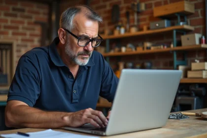 Artisan masculin lisant un document RGPD sur son ordinateur portable dans un atelier de menuiserie