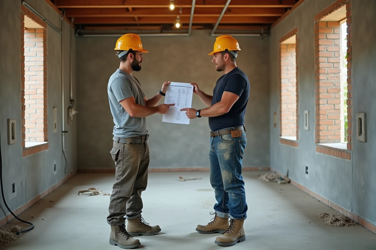 Deux artisans BTP examinant un devis de rénovation dans un intérieur en chantier non terminé