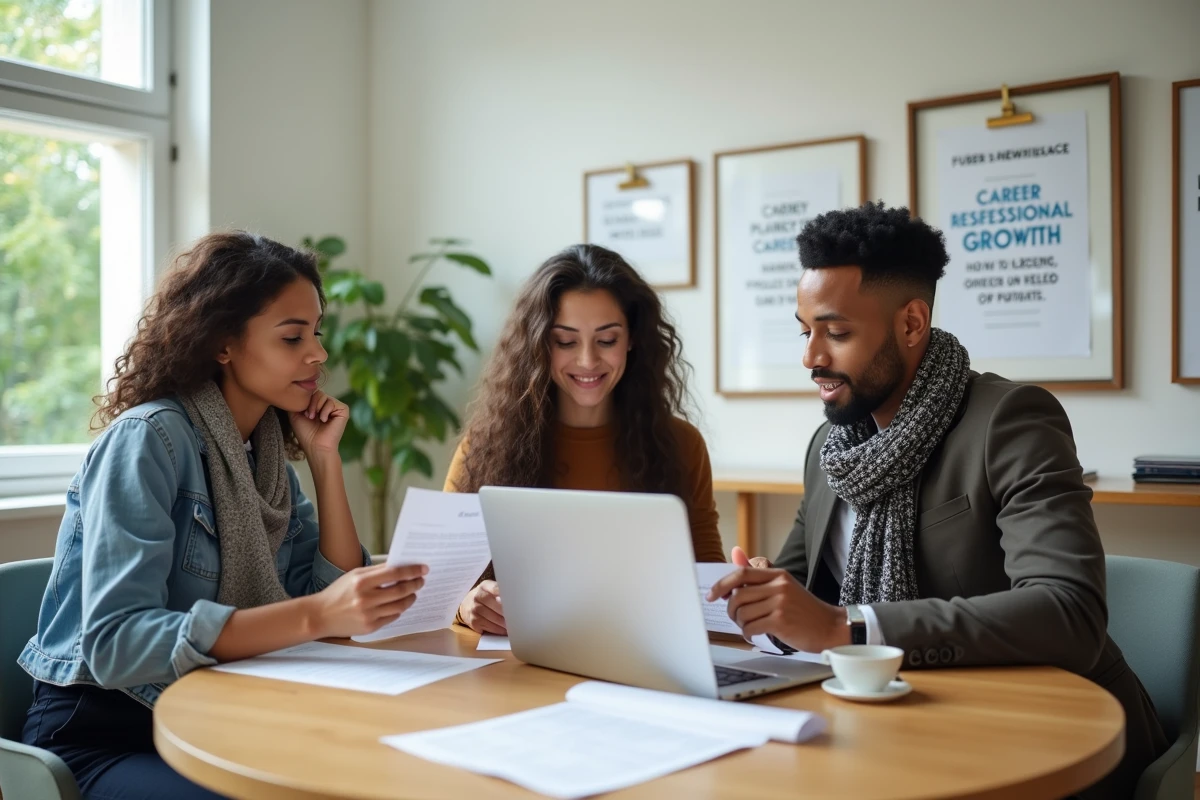 Groupe de professionnels en atelier de développement de carrière analysant des documents de bilan de compétences