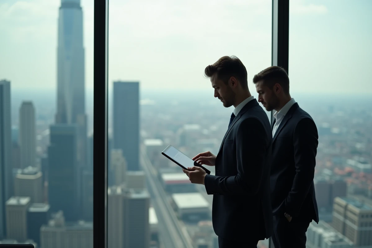 Deux auditeurs en cabinet Big 4 discutant d'une mission devant une vue panoramique d'une grande ville
