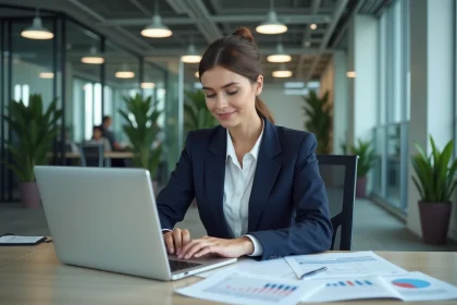 Auditrice d'un cabinet Big 4 analysant des documents financiers dans un bureau moderne et ouvert