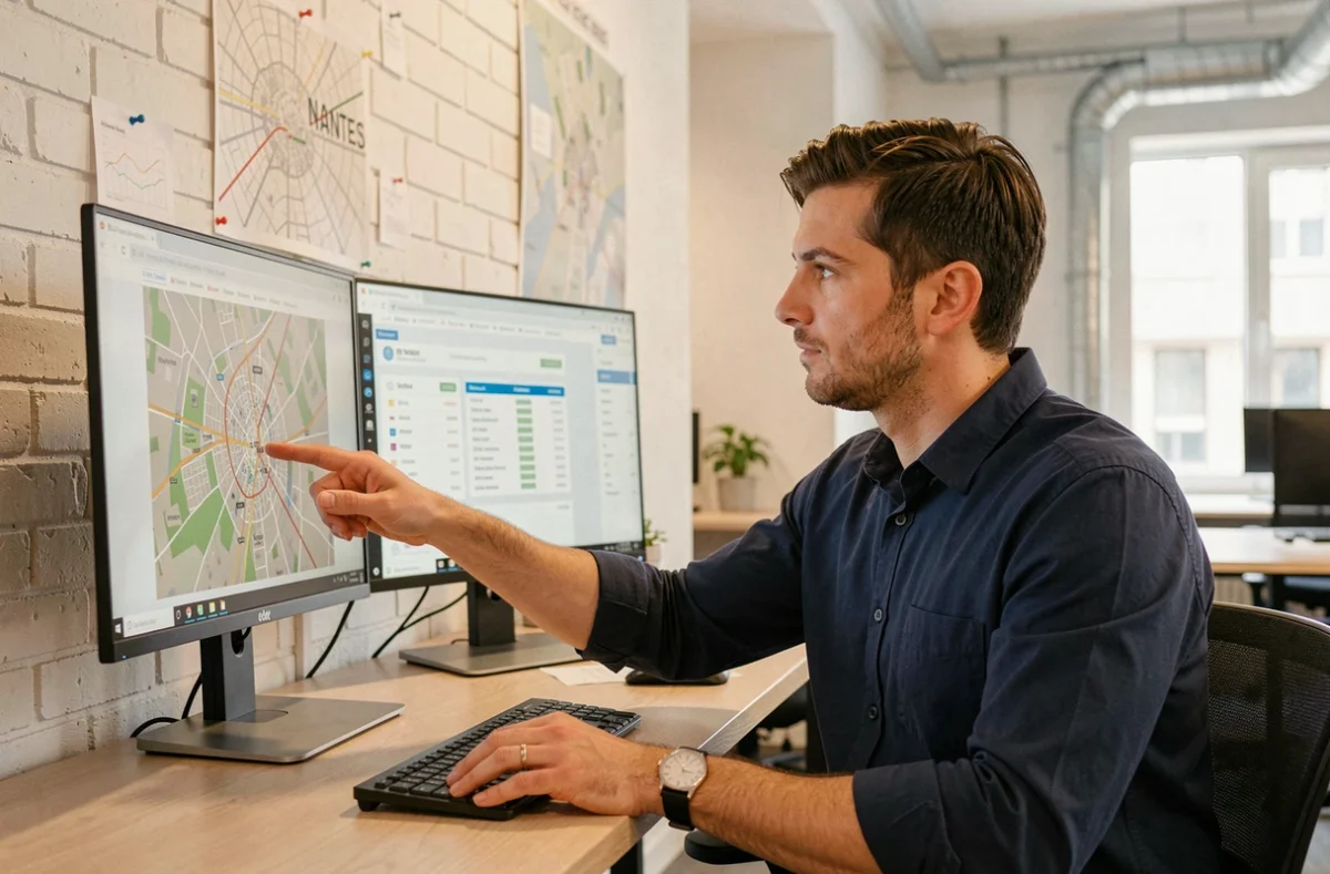Consultant SEO et GEO de l'agence Boost Your Web à Nantes analysant des résultats de référencement local sur deux écrans