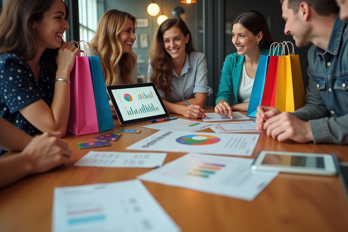 Groupe de personnes discutant autour d une table avec sacs et analytics