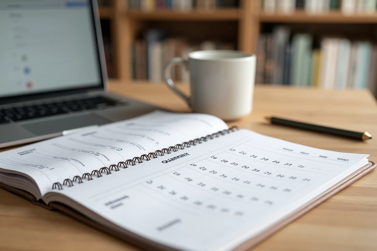 Bureau organisé avec agenda 2026 et ordinateur affichant le suivi des jours ouvrés par trimestre pour une activité professionnelle
