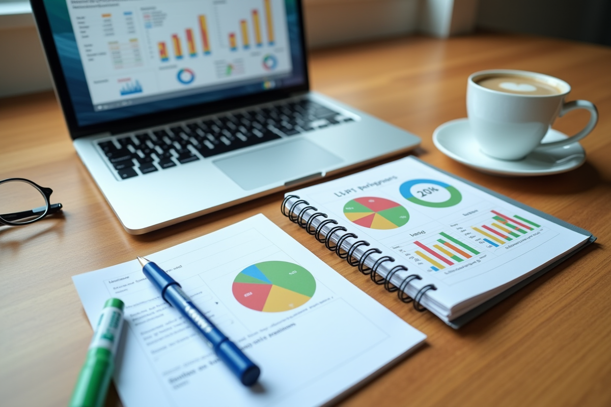 Vue de dessus d un espace de travail avec KPI et notes
