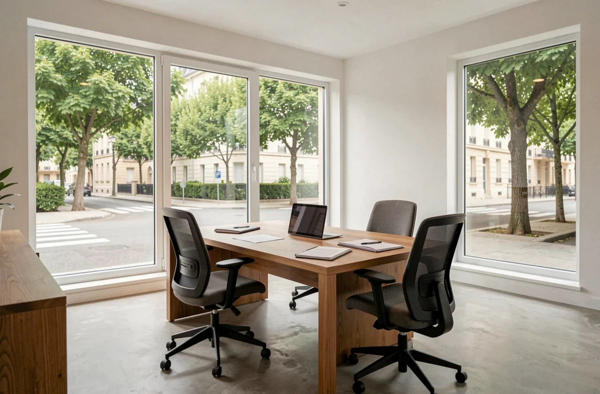 Bureau moderne à louer à Saint-Maur-des-Fossés avec grandes fenêtres et mobilier professionnel