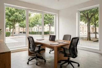 Bureau moderne à louer à Saint-Maur-des-Fossés avec grandes fenêtres et mobilier professionnel