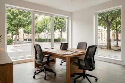 Bureau moderne à louer à Saint-Maur-des-Fossés avec grandes fenêtres et mobilier professionnel