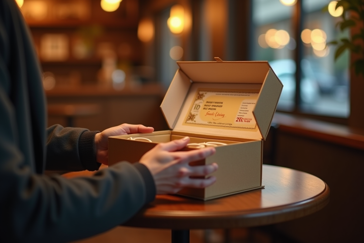 Client heureux ouvrant une boîte cadeau dans un café chaleureux