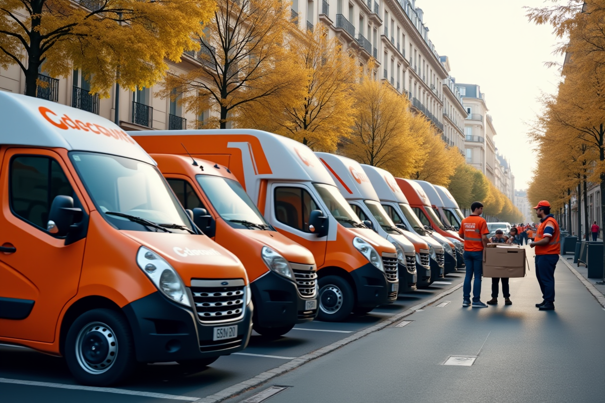 Camions de livraison avec logos de Cdiscount et Fnac à Paris