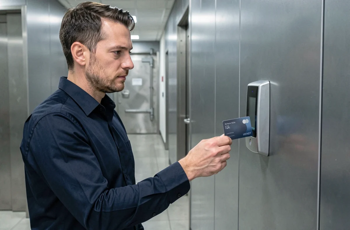 Homme utilisant une carte d'accès JKV pour déverrouiller une zone sécurisée dans un couloir aux murs métalliques