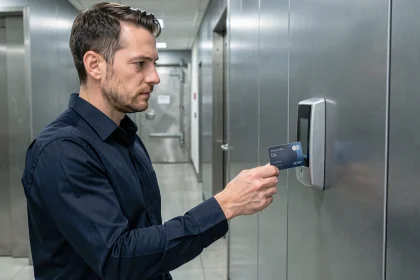 Homme utilisant une carte d'accès JKV pour déverrouiller une zone sécurisée dans un couloir aux murs métalliques
