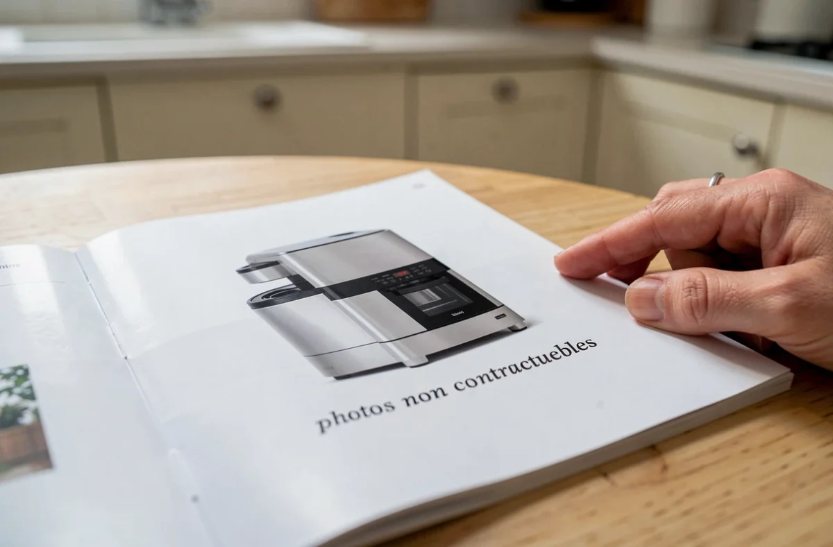 Gros plan d'une main feuilletant un catalogue produit avec la mention photos non contractuelles imprimée en italique