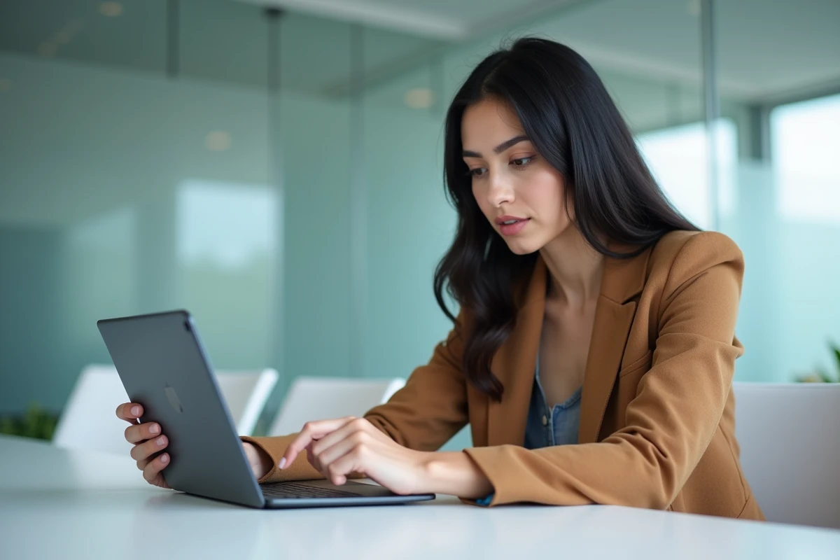 Jeune femme consultant un certificat de dépôt de marque INPI sur tablette en salle de réunion