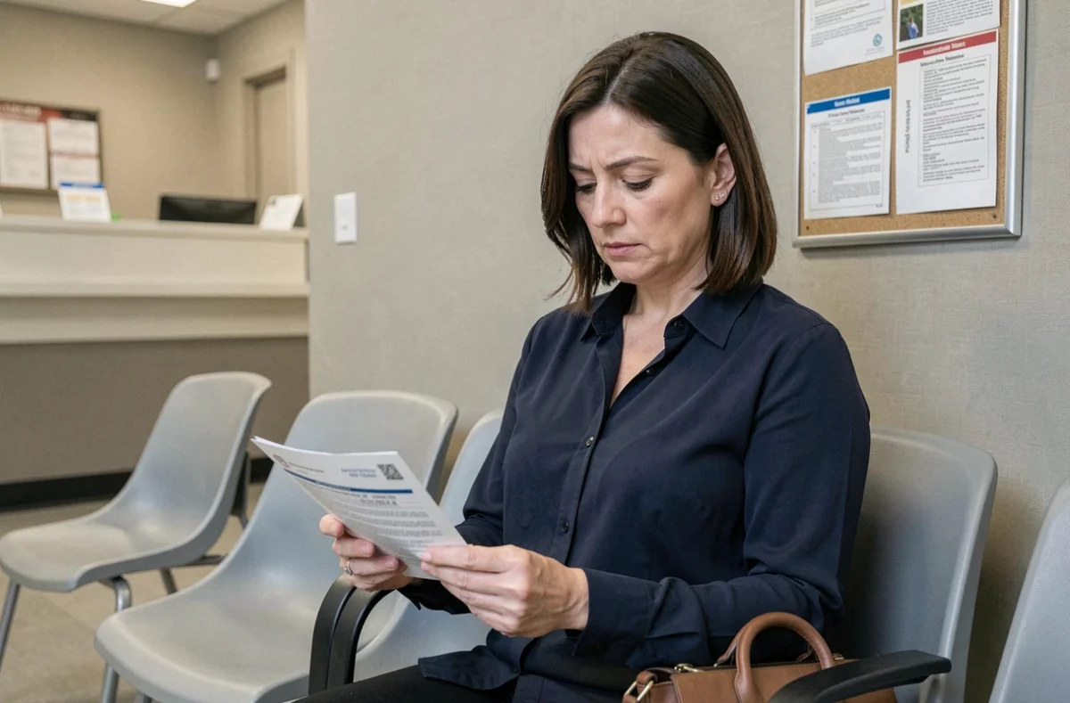 Salariée en portage salarial tenant un certificat médical dans une salle d'attente médicale pour un arrêt maladie