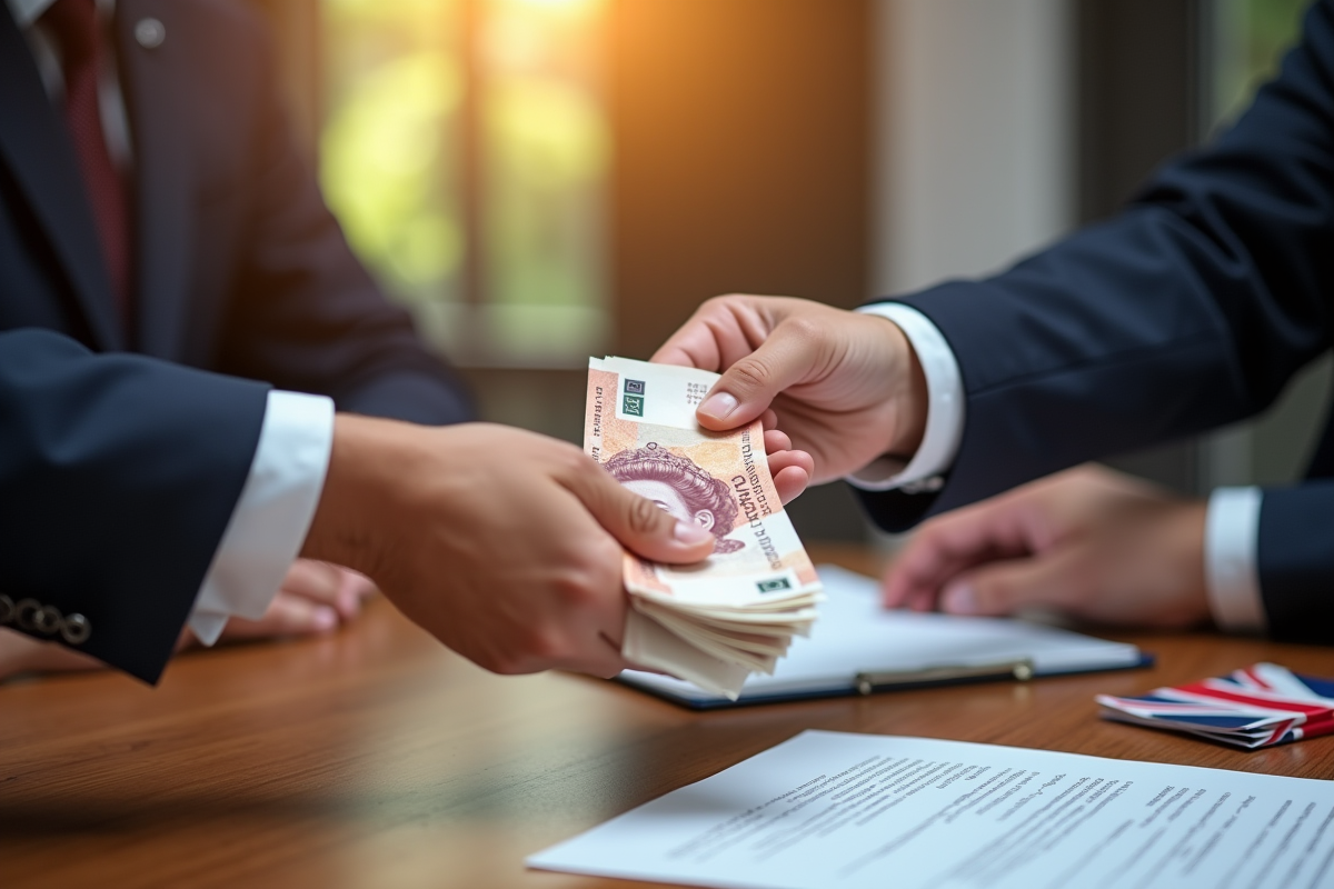 Deux mains échangeant un contrat avec des billets de livre sterling