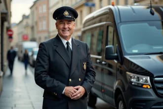Homme en uniforme de chauffeur moderne à côté d’un van urbain