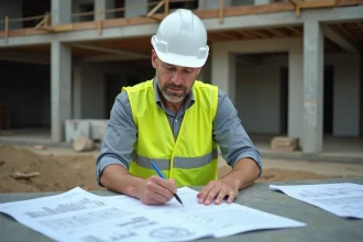 Chef de chantier en gilet jaune consultant un devis de travaux BTP sur un chantier de construction