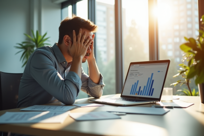 Chef d'entreprise frustré au bureau avec emails et analytics