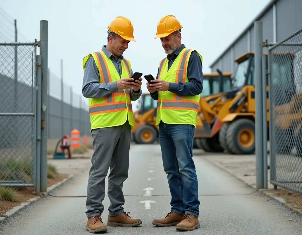Deux chefs de chantier consultant une application de connexion et de gestion de chantier sur smartphone à l'entrée du site