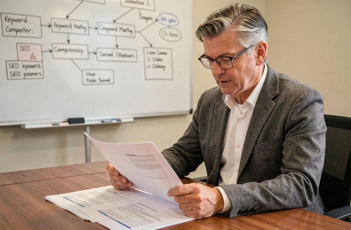 Claude Barbey, consultant SEO indépendant, révisant un audit de référencement naturel dans son bureau professionnel