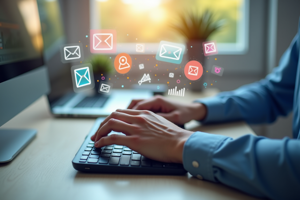 Mains tapant sur clavier avec icônes email et graphiques