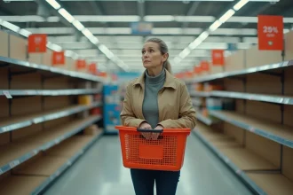 Cliente inquiète dans un magasin GiFi aux rayons partiellement vides, tenant un panier et regardant autour d'elle avec une expression préoccupée