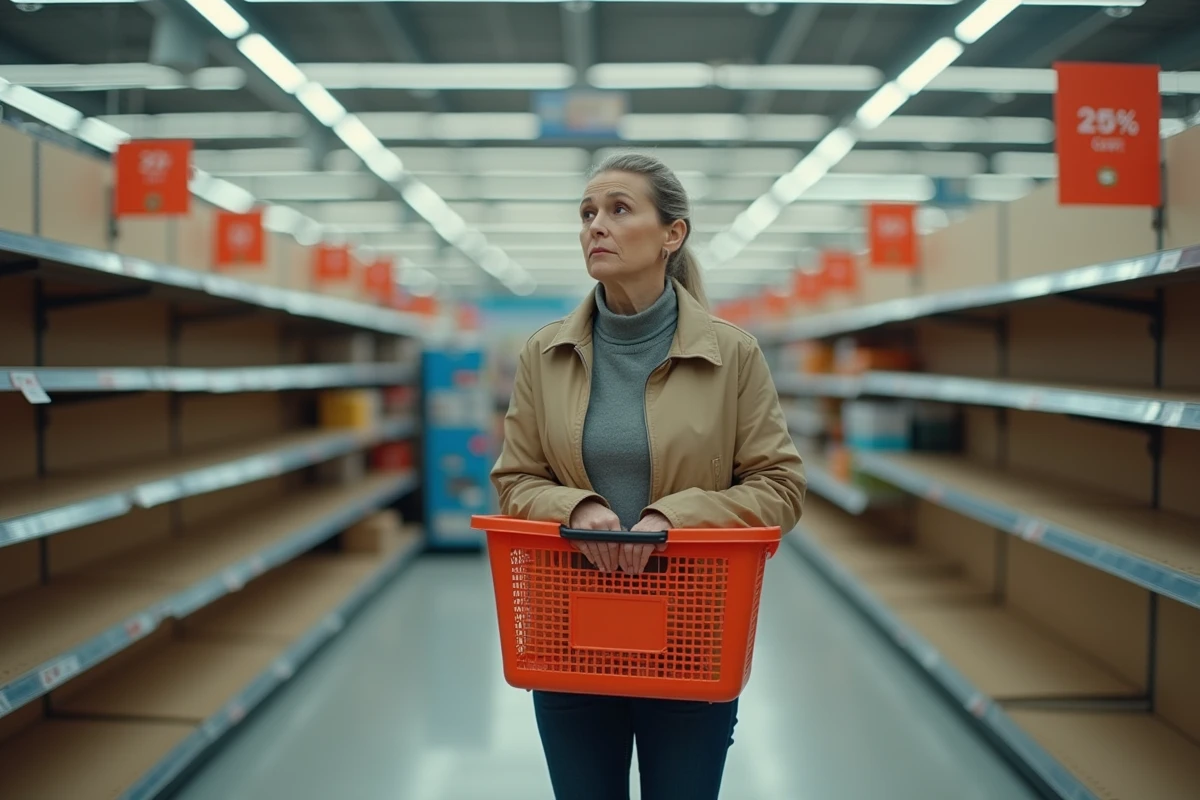 Cliente inquiète dans un magasin GiFi aux rayons partiellement vides, tenant un panier et regardant autour d'elle avec une expression préoccupée
