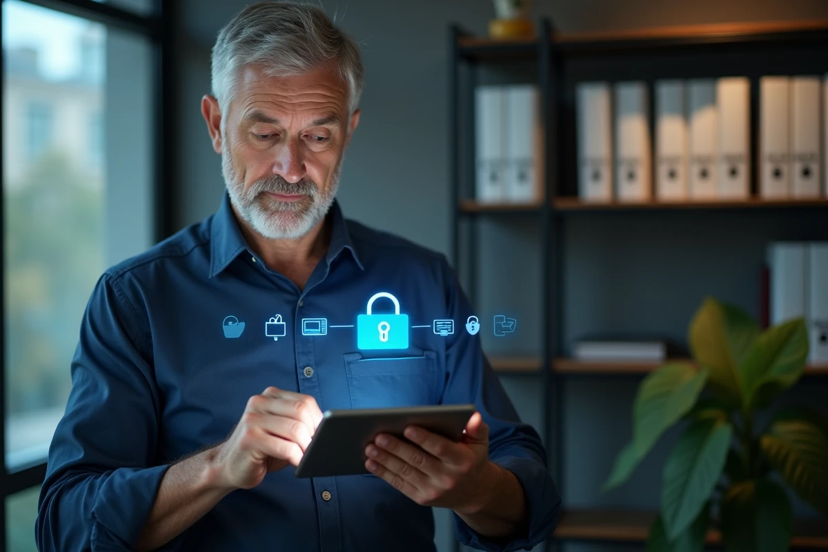 Manager RH utilisant une tablette pour accéder à un coffre-fort numérique de documents d'entreprise
