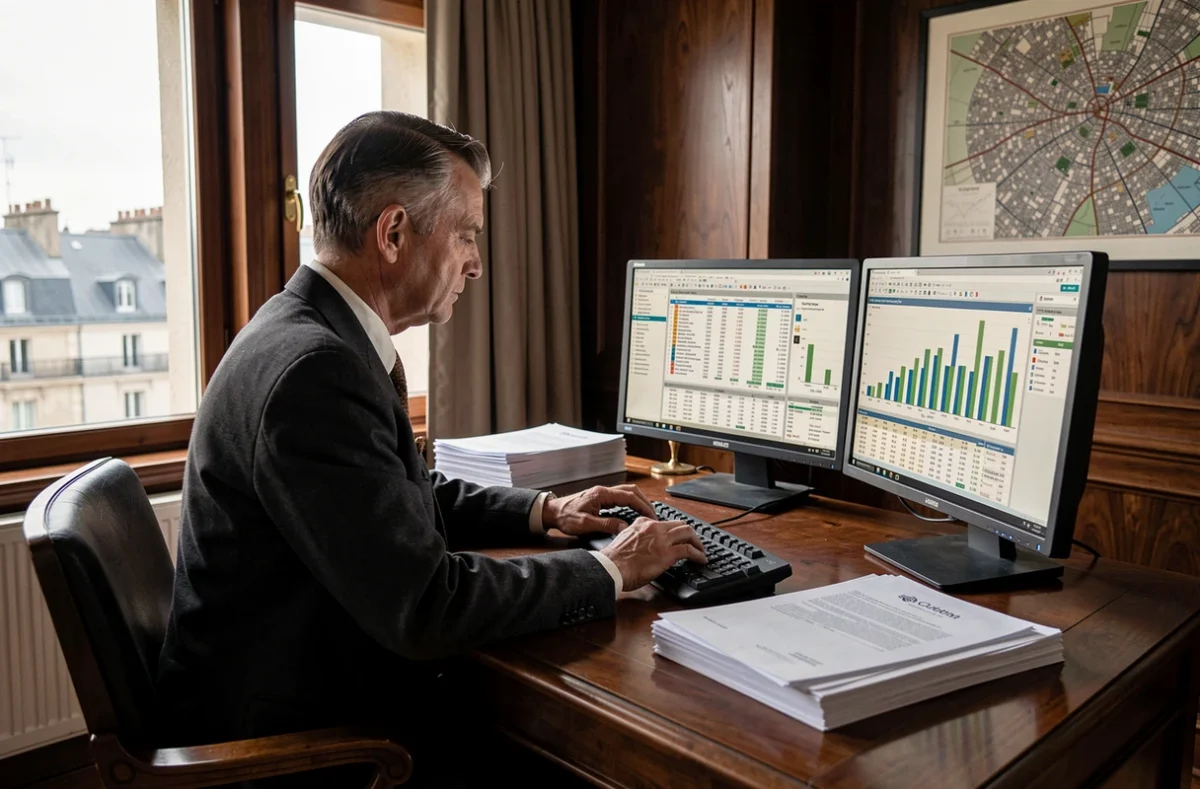 Auditeur financier de Cogediac à Caen analysant des tableaux de bord financiers sur double écran