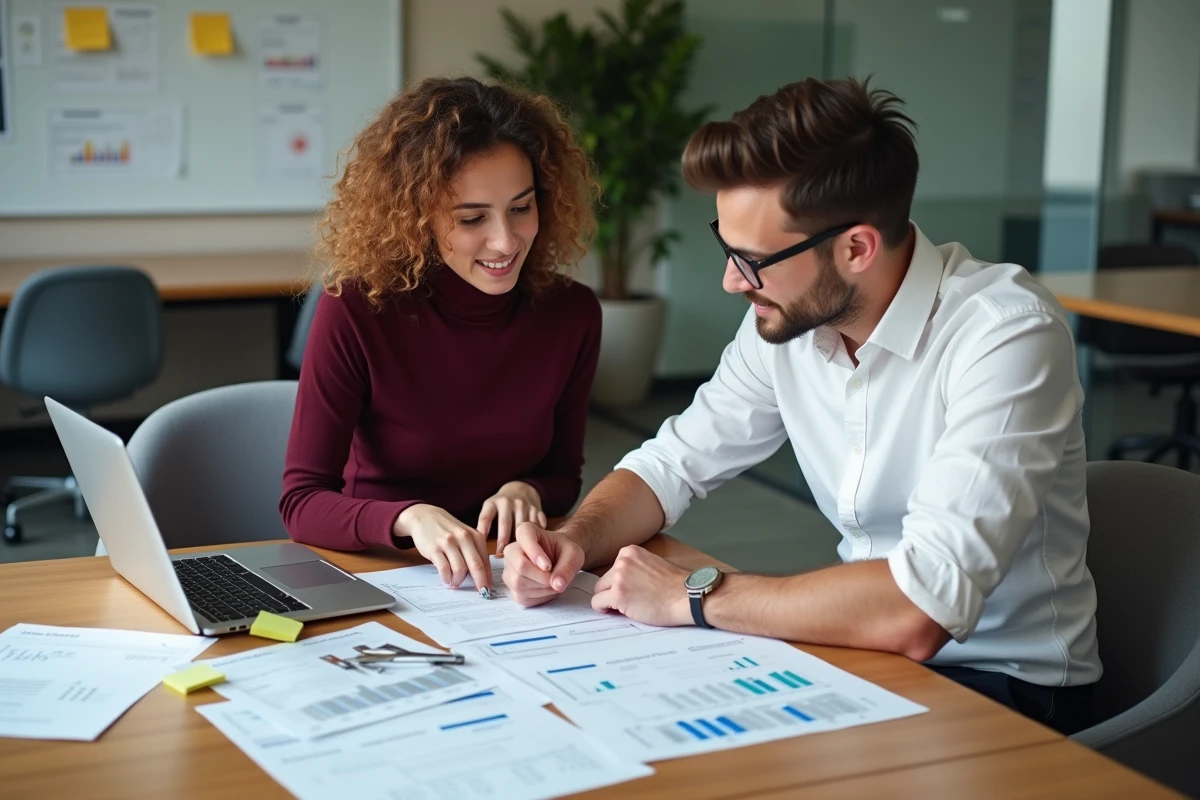 Deux professionnels collaborant sur un audit SEO pour optimiser un site vitrine SaaS et améliorer son positionnement Google