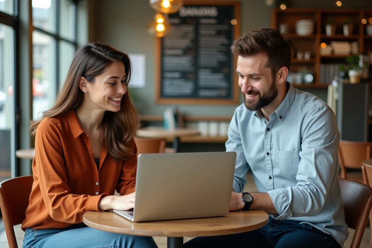 Deux micro-entrepreneurs collaborant autour d'un ordinateur portable affichant des aides financières pour entrepreneurs dans un espace café professionnel