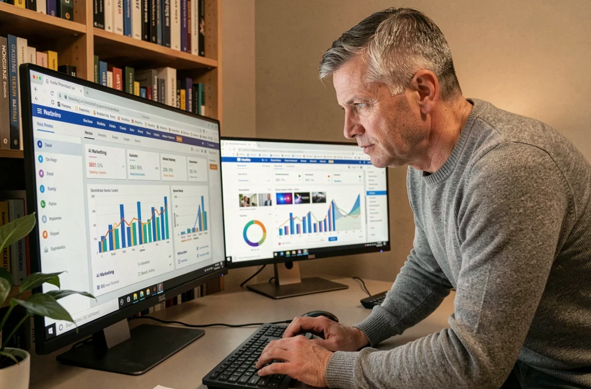 Homme entrepreneur comparant les tarifs d'outils IA marketing sur écran dans un bureau à domicile